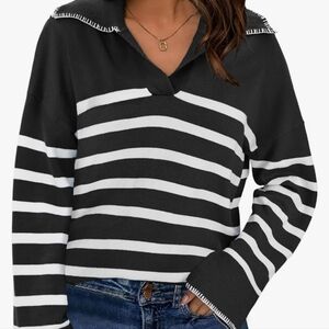 Bloggerlove Women's V Neck Collard Striped Long Sleeve Sweater NWT Size L
